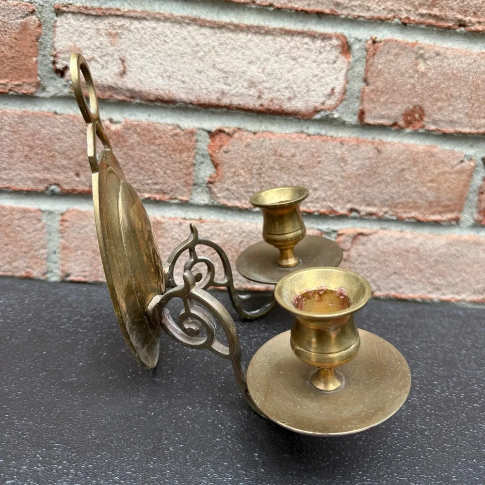 Unbranded Brass Wall Sconce Candle Holder Gold Vintage Double Arm MCM Regency
